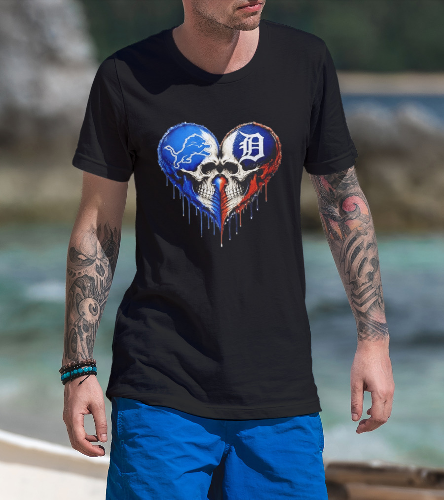 Detroit Lions And Detroit Tigers Skull Heart T-Shirt