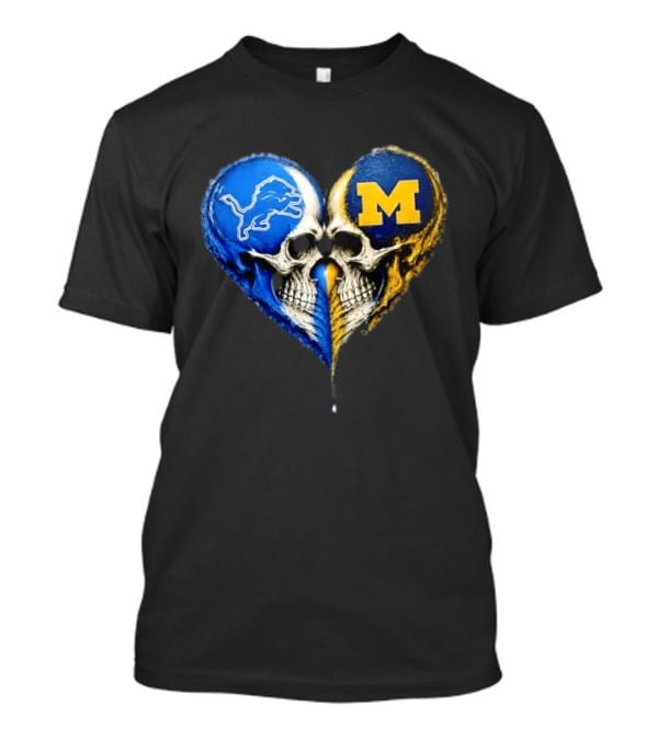 Detroit Lions And Michigan Wolverines Heart Skulls T-Shirt