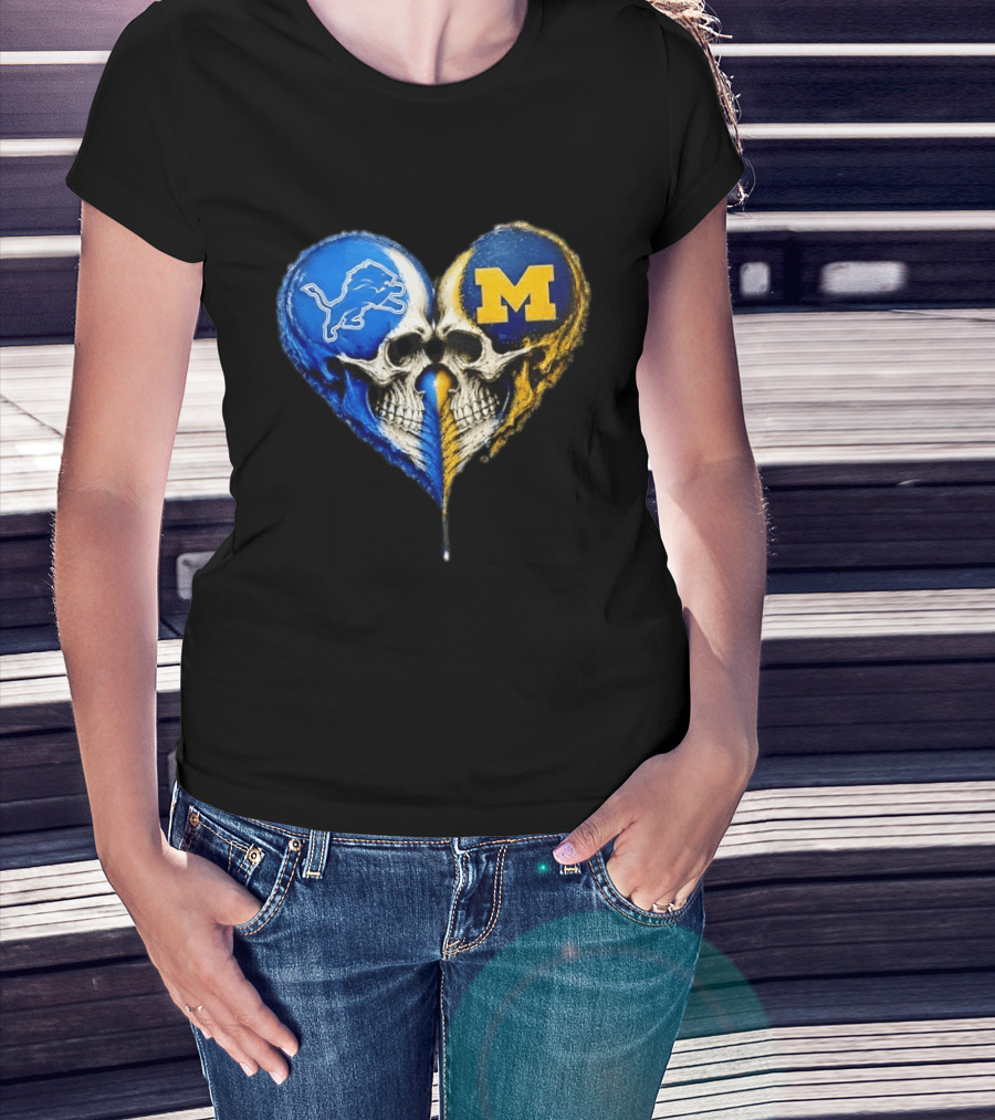 Detroit Lions And Michigan Wolverines Heart Skulls T-Shirt