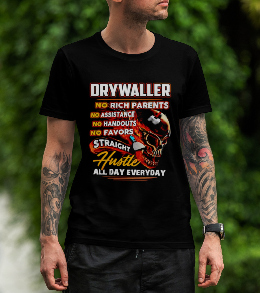 Drywaller Skull Holding Trowel Straight Hustle T-Shirt