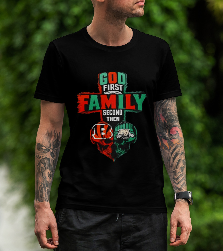 God First Family Second Then Cincinnati Bengals And Ohio Bobcats Skull Heart T-Shirt