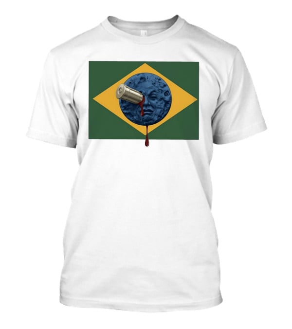 Brazil Flag Moon Face With Bullet And Bleeding Effect T-Shirt