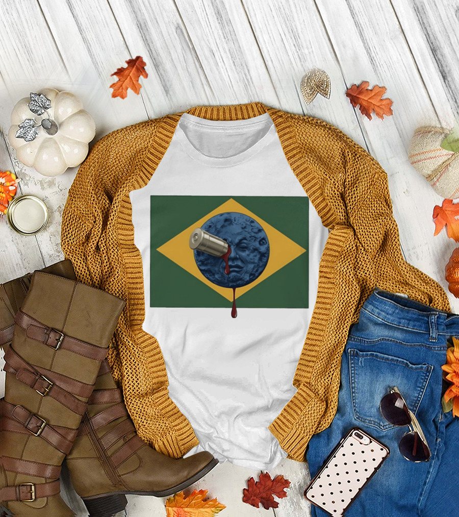 Brazil Flag Moon Face with Bullet and Bleeding Effect T-Shirt