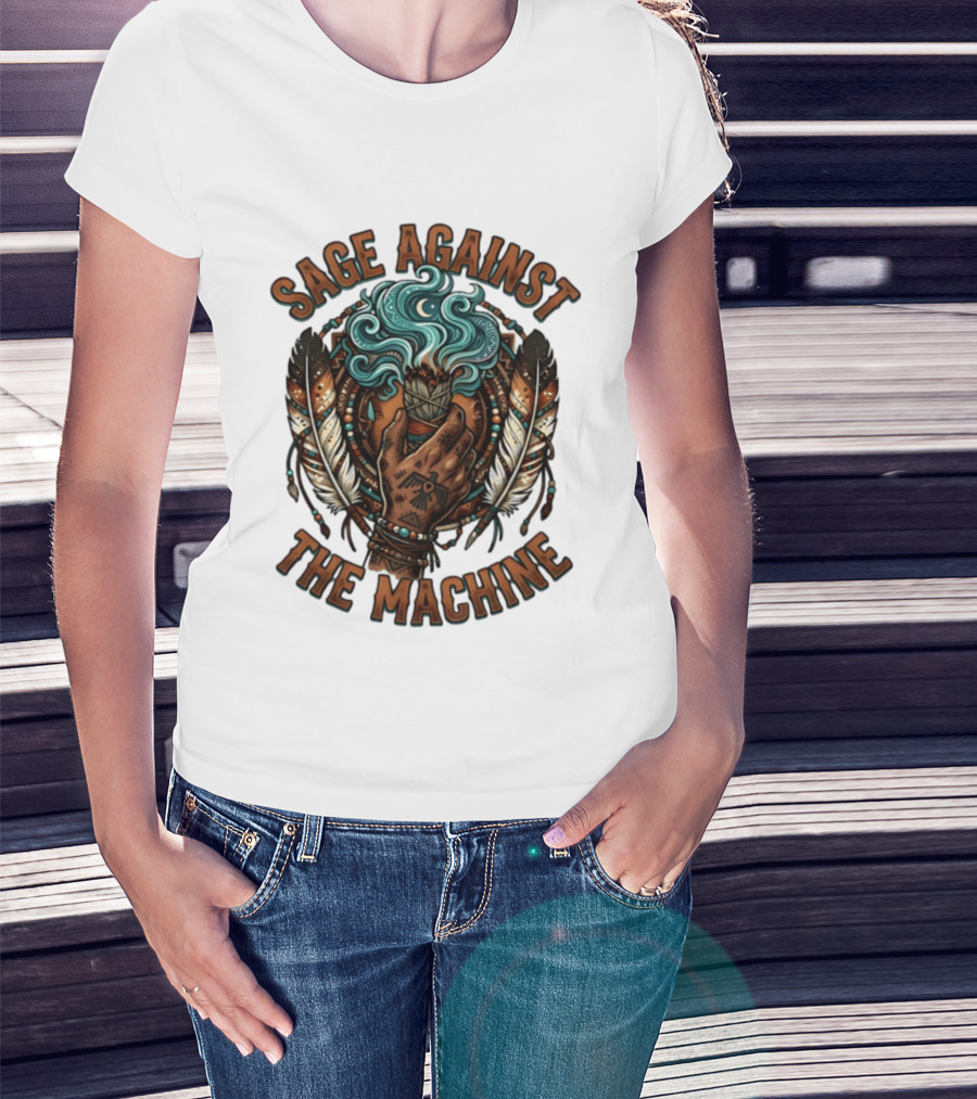 Sage Against The Machine Hand Holding Smudging Sticks With Feathers And Beadwork T-Shirt