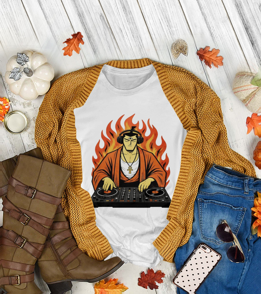 Samurai Jack DJing with Headphones Fire Music Mixer T-Shirt