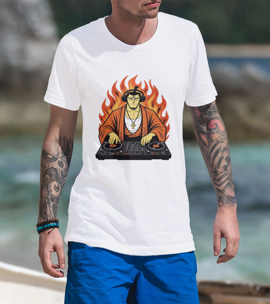 Samurai Jack DJing With Headphones Fire Music Mixer T-Shirt