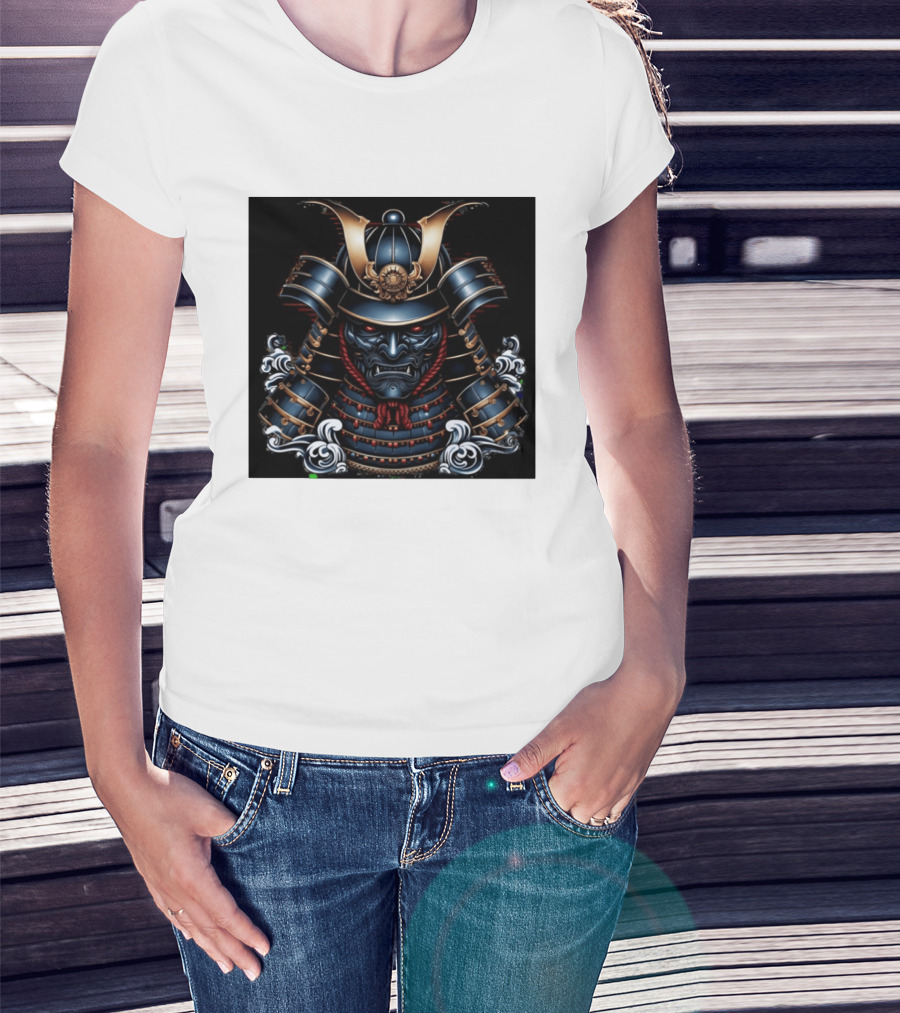 Samurai Warrior Mask Helmet With Traditional Armor And Red Accents T-Shirt