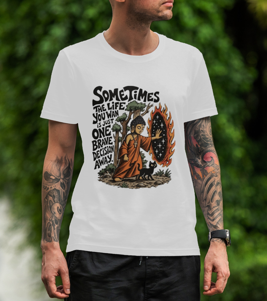 Sometimes The Life You Want Is Just One Brave Decision Away Buddha Cat Portal Forest T-Shirt
