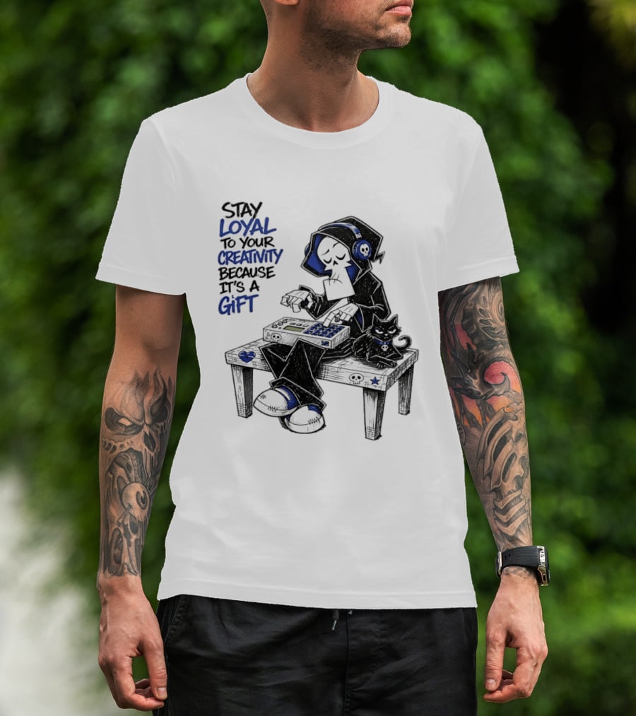 Stay Loyal To Your Creativity Grim Reaper Music Producer With Cat T-Shirt