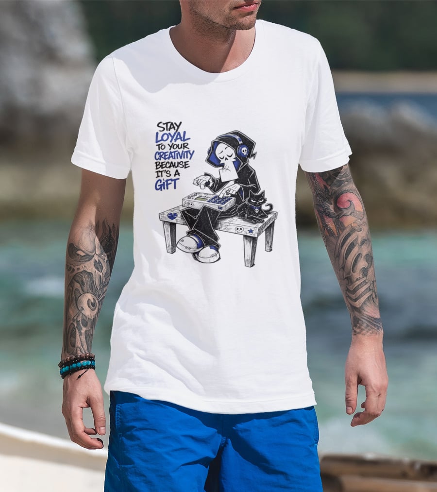 Stay Loyal To Your Creativity Grim Reaper Music Producer With Cat T-Shirt