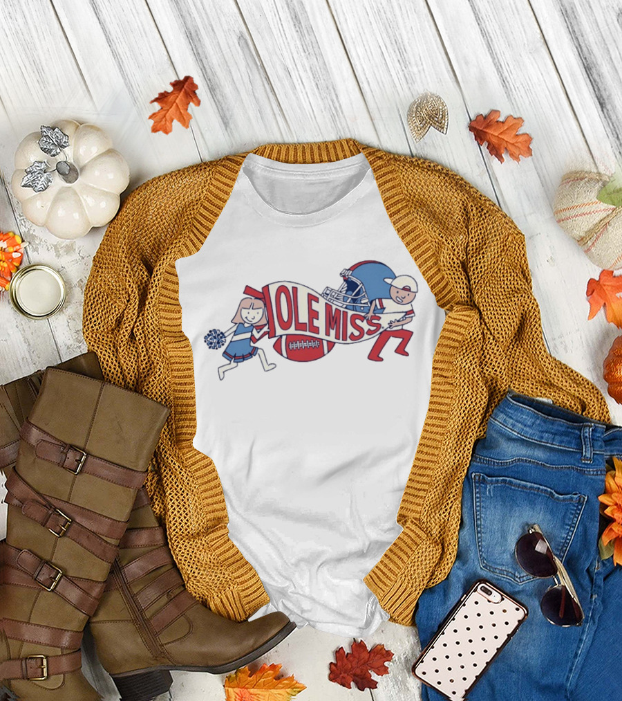 Ole Miss Cheerleader and Football Player Waving Pennant and Helmet T-Shirt