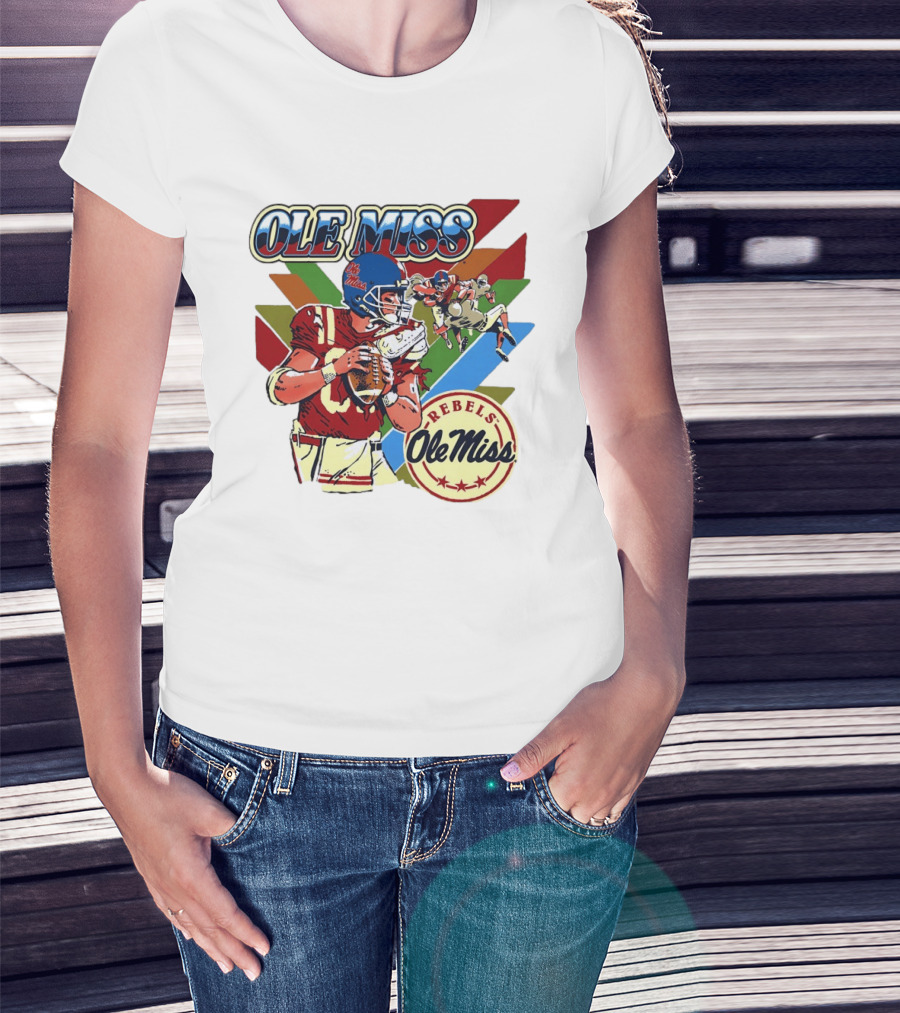 Ole Miss Rebels Football Player Action Retro Style Collaboration T-Shirt
