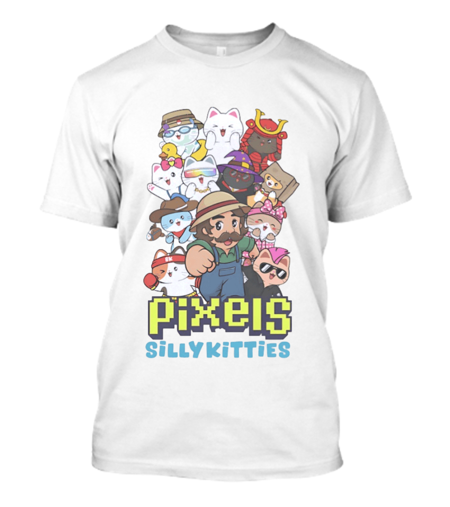 Pixels Silly Kitties Character Collage With Mustached Figure And Cute Cat Ensemble T-Shirt