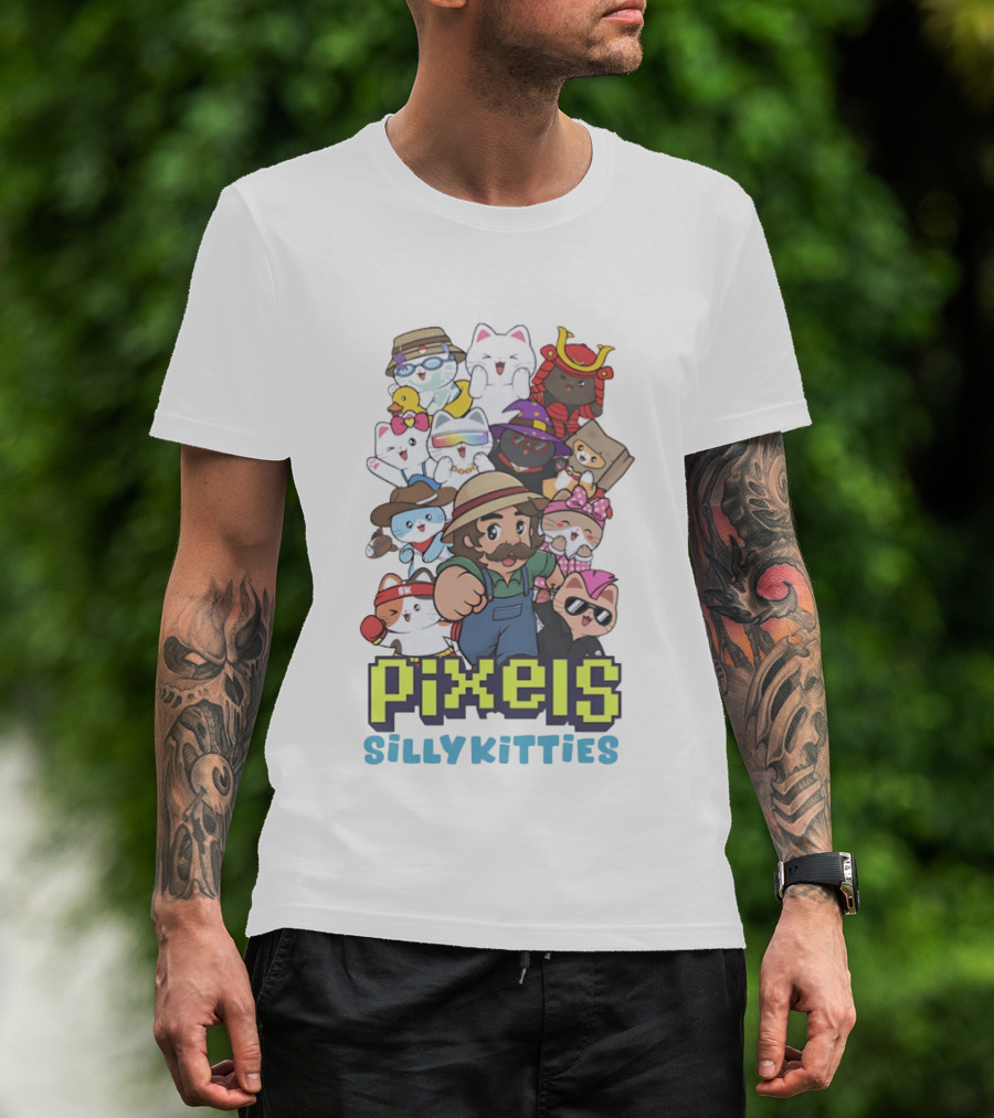 Pixels Silly Kitties Character Collage With Mustached Figure And Cute Cat Ensemble T-Shirt
