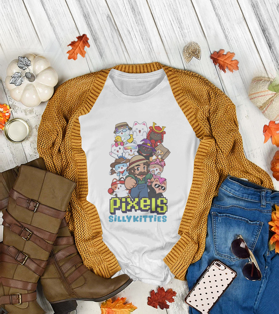 Pixels Silly Kitties Character Collage with Mustached Figure and Cute Cat Ensemble T-Shirt