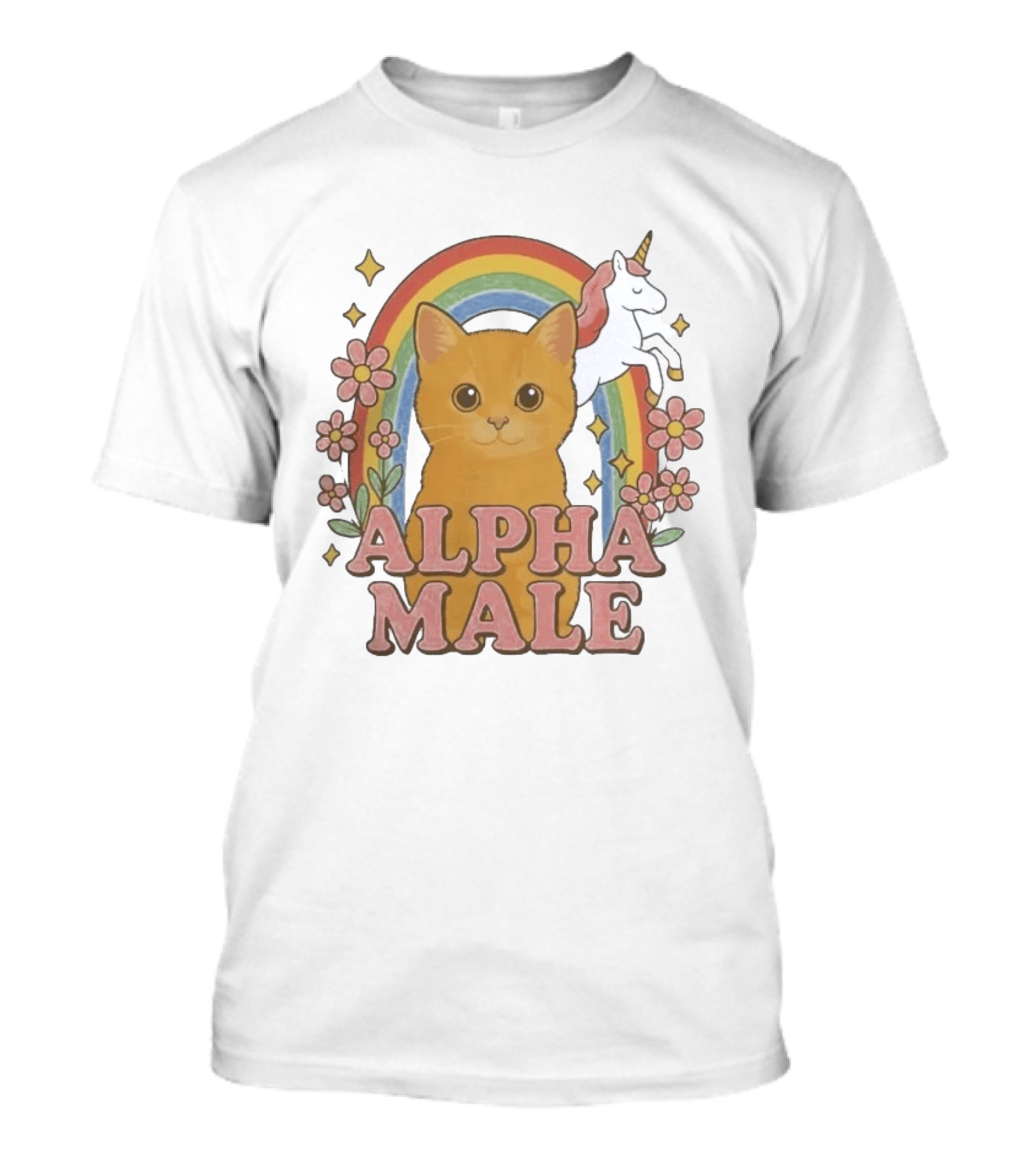 Alpha Male Cat With Unicorn Rainbow And Flowers T-Shirt