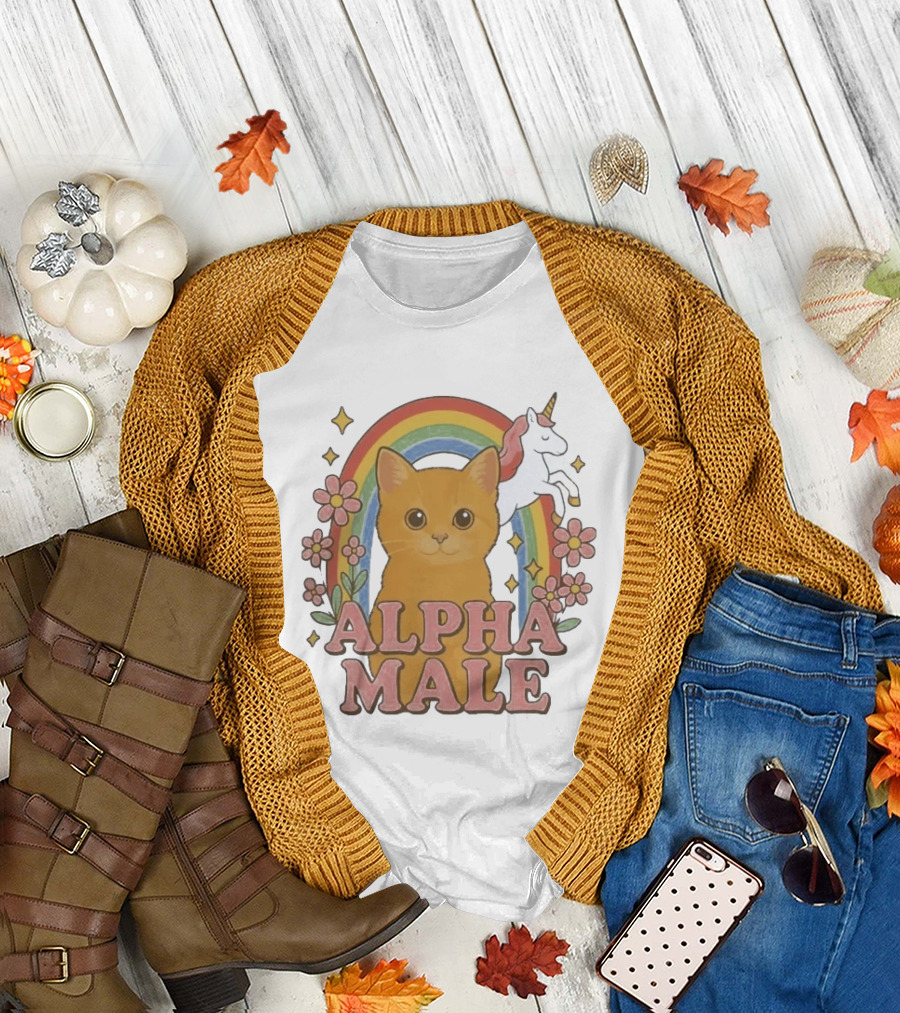 Alpha Male Cat With Unicorn Rainbow And Flowers T-Shirt