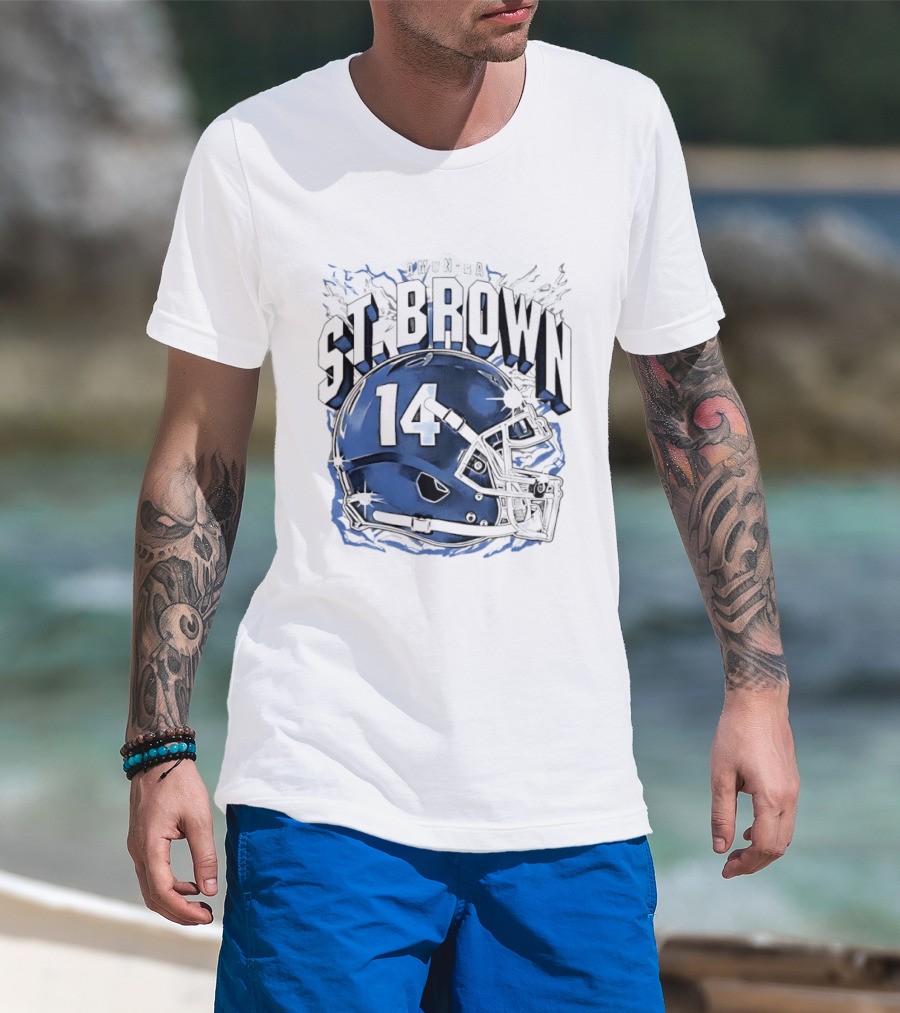 Amon Ra St. Brown 14 Helmet Detroit Lions T-Shirt