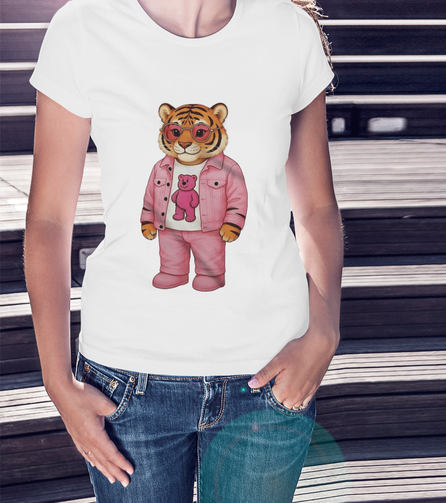 Cincinnati Bengals Fashion Pink Denim Tiger Bear T-Shirt