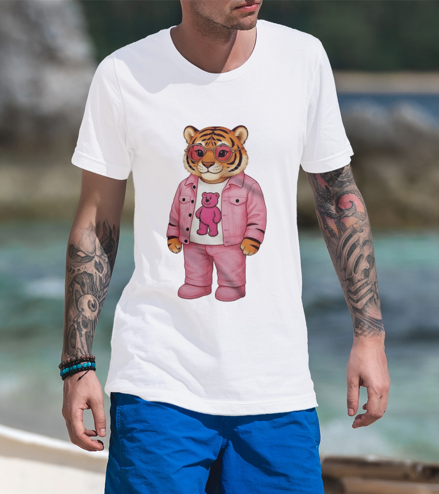 Cincinnati Bengals Fashion Pink Denim Tiger Bear T-Shirt