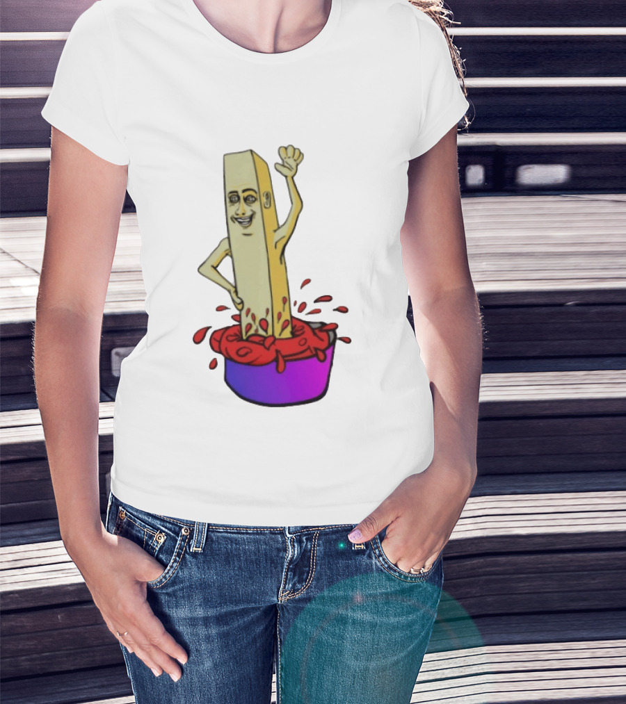 French Fry With Face Humorously Dipping In Ketchup Bowl T-Shirt