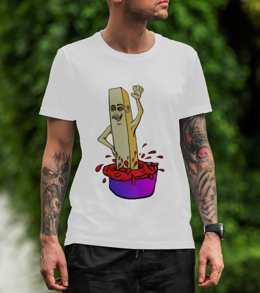 French Fry With Face Humorously Dipping In Ketchup Bowl T-Shirt
