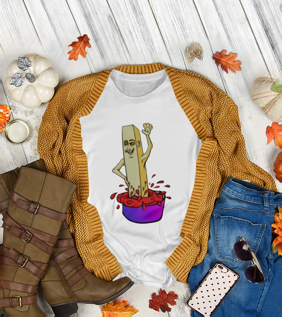 French Fry With Face Humorously Dipping In Ketchup Bowl T-Shirt