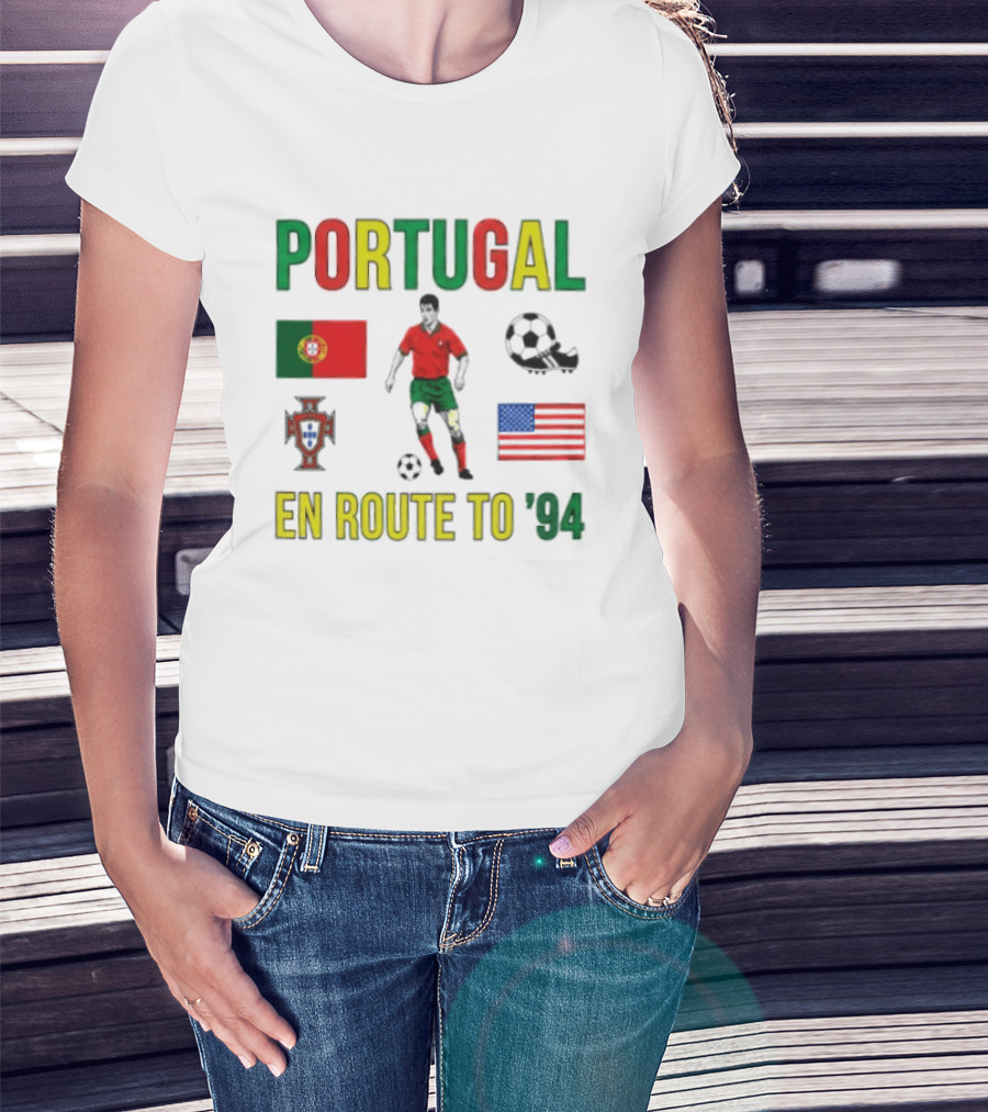 Portugal En Route To '94 World Cup Journey Footballer And Flags T-Shirt