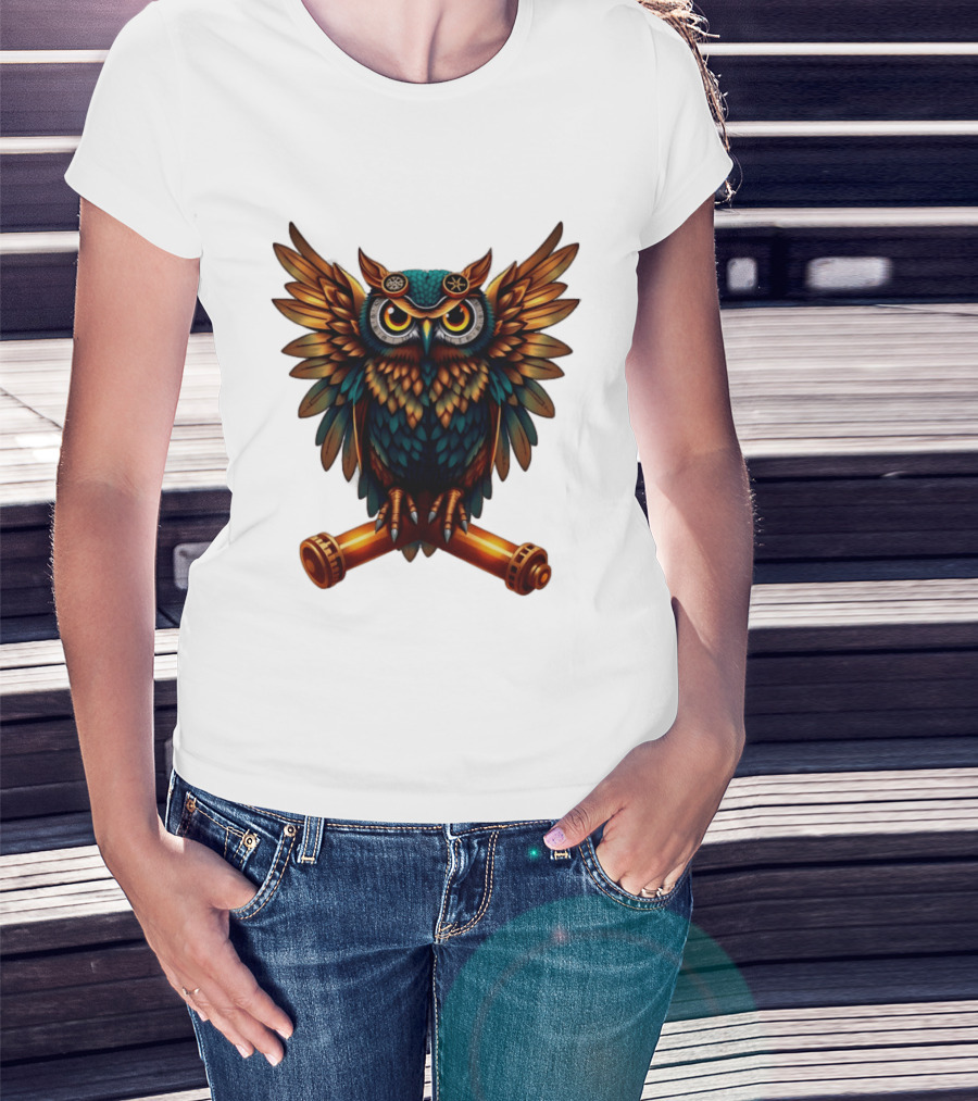 Steampunk Owl With Gears And Pistons Mechanic Aesthetic T-Shirt