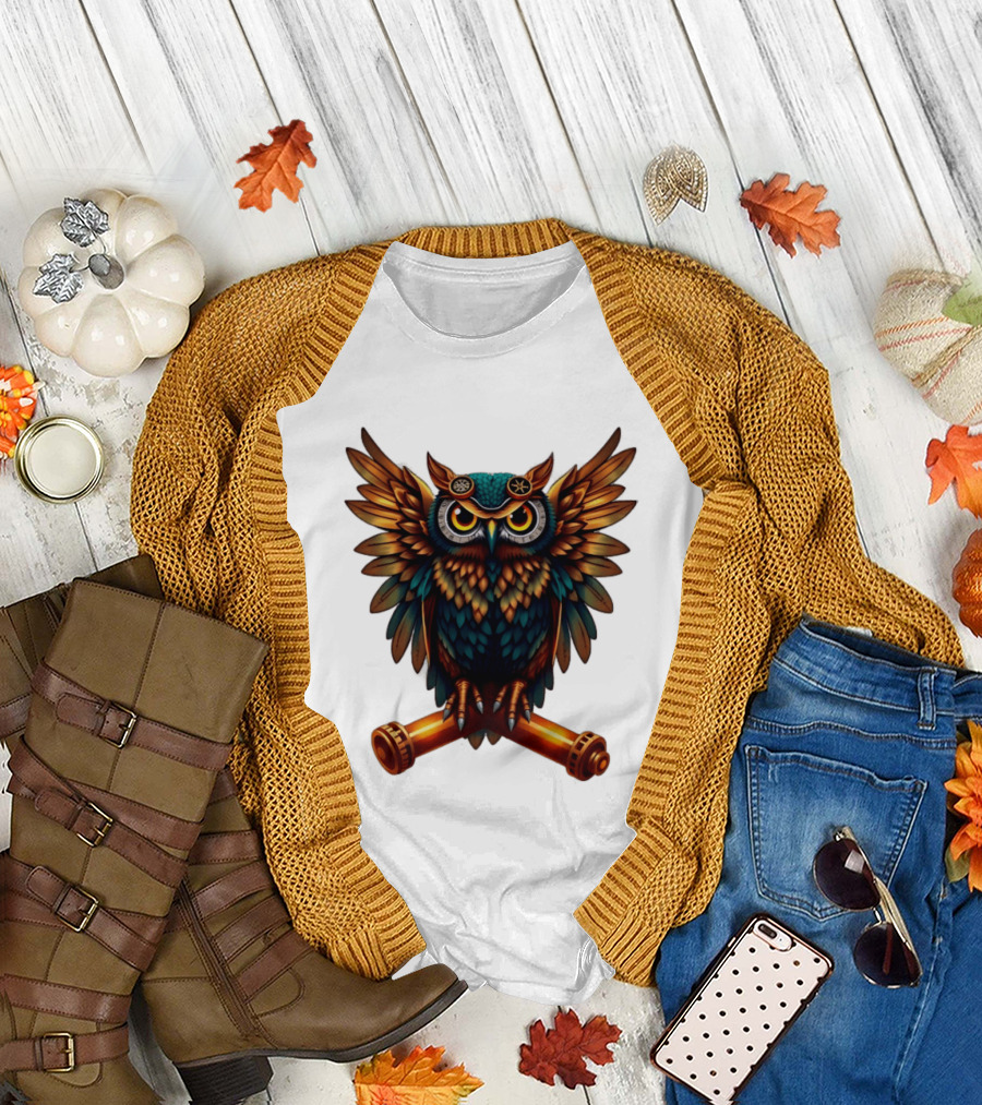 Steampunk Owl With Gears And Pistons Mechanic Aesthetic T-Shirt