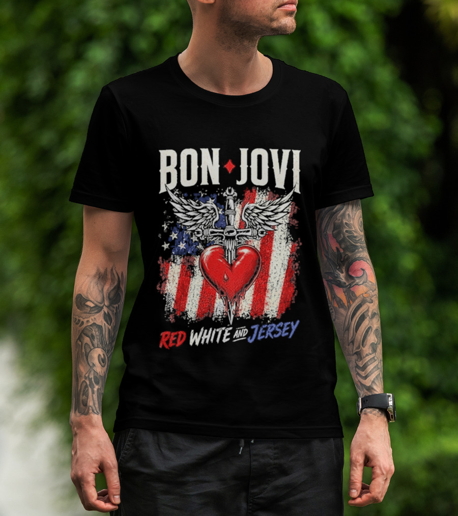 Bon Jovi Red White Jersey Heart And Dagger American Flag T-Shirt