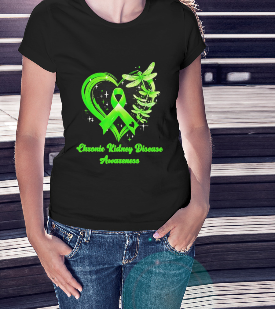 Chronic Kidney Disease Awareness Green Ribbon Heart And Dragonfly T-Shirt