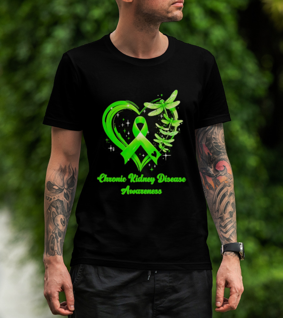 Chronic Kidney Disease Awareness Green Ribbon Heart And Dragonfly T-Shirt