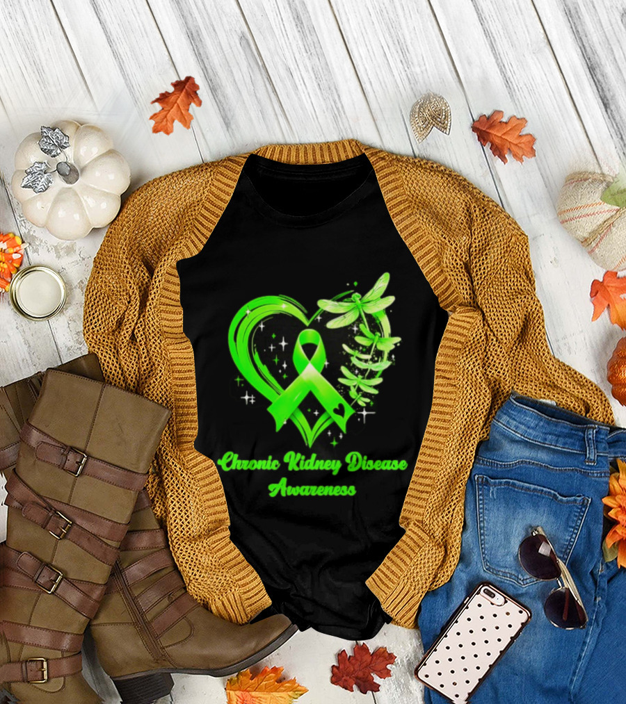 Chronic Kidney Disease Awareness Green Ribbon Heart and Dragonfly T-Shirt