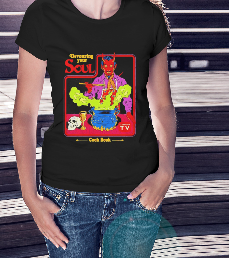 Devouring Your Soul Cook Book Steven Rhodes Retro Devil Cooking As Seen On TV Horror T-Shirt