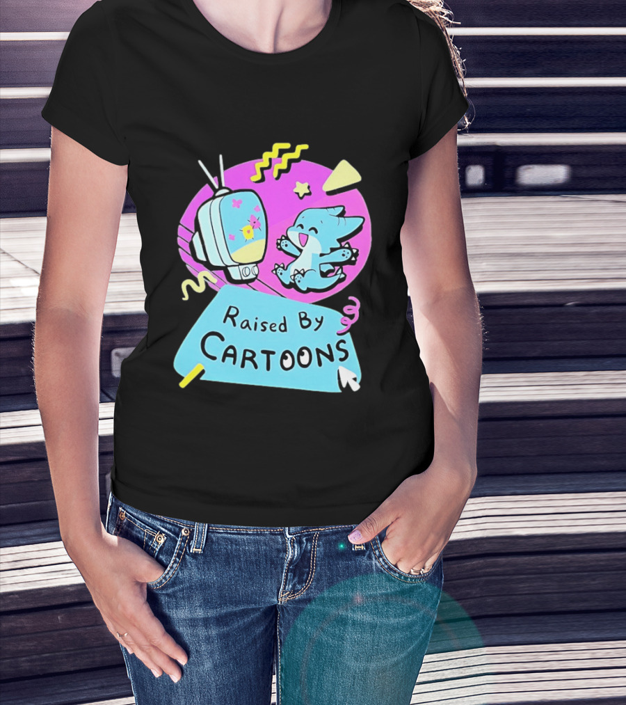 Raised By Cartoons Nostalgia 90s Kid Cartoon Lover Retro TV And Playful Puppy Scene T-Shirt