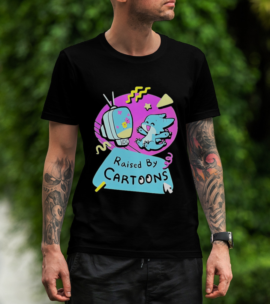 Raised By Cartoons Nostalgia 90s Kid Cartoon Lover Retro TV And Playful Puppy Scene T-Shirt