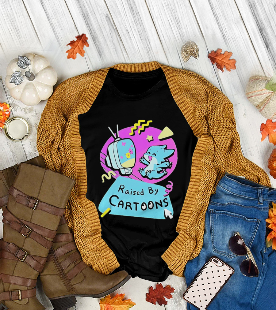 Raised By Cartoons Nostalgia 90s Kid Cartoon Lover Retro TV And Playful Puppy Scene T-Shirt