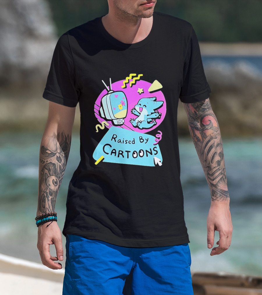 Raised By Cartoons Nostalgia 90s Kid Cartoon Lover Retro TV And Playful Puppy Scene T-Shirt