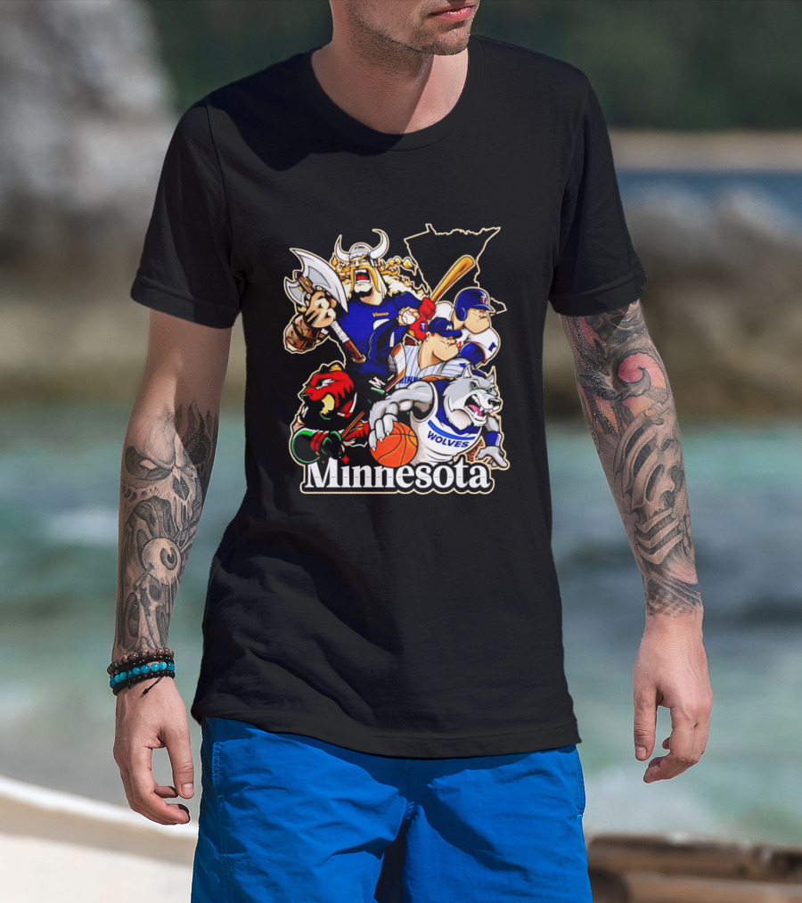 Minnesota Vikings Wild Twins Timberwolves Characters Collage T-Shirt