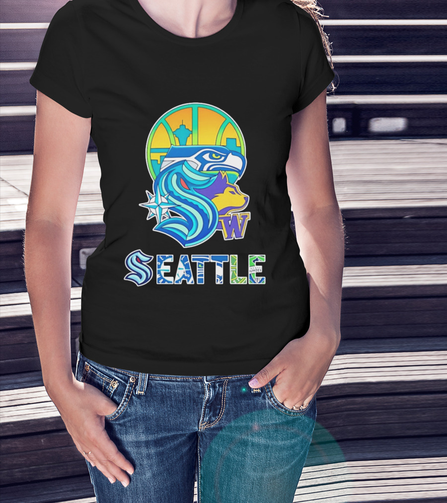 Seattle Seahawks Washington Huskies Skyline Collage With Space Needle And Compass Rose T-Shirt