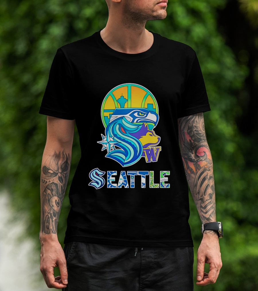 Seattle Seahawks Washington Huskies Skyline Collage With Space Needle And Compass Rose T-Shirt