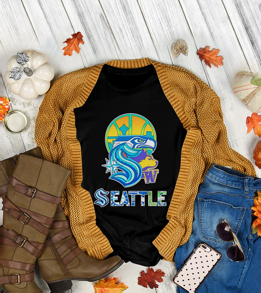 Seattle Seahawks Washington Huskies Skyline Collage With Space Needle And Compass Rose T-Shirt