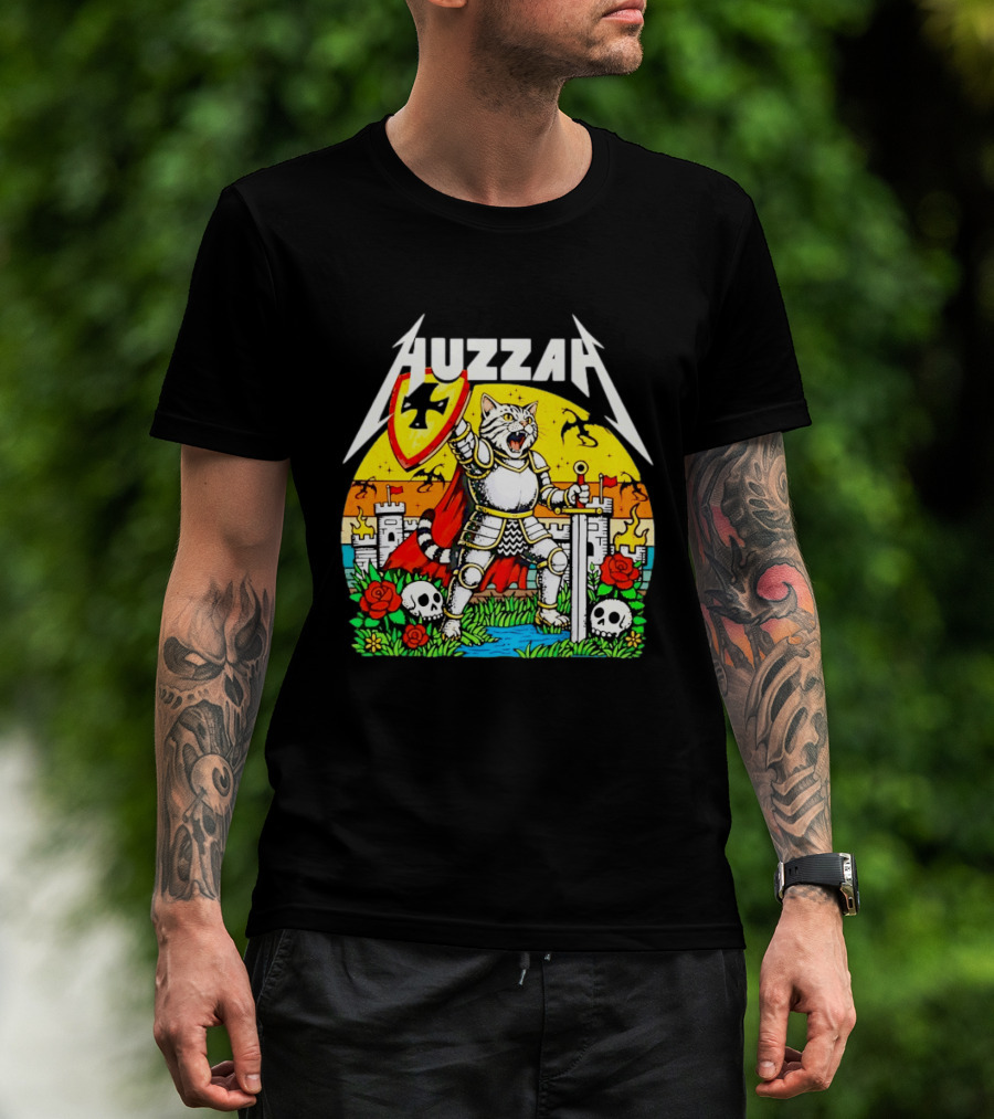 Huzzah Cat Knight Medieval Fantasy With Shield And Sword In Castle Scene T-Shirt