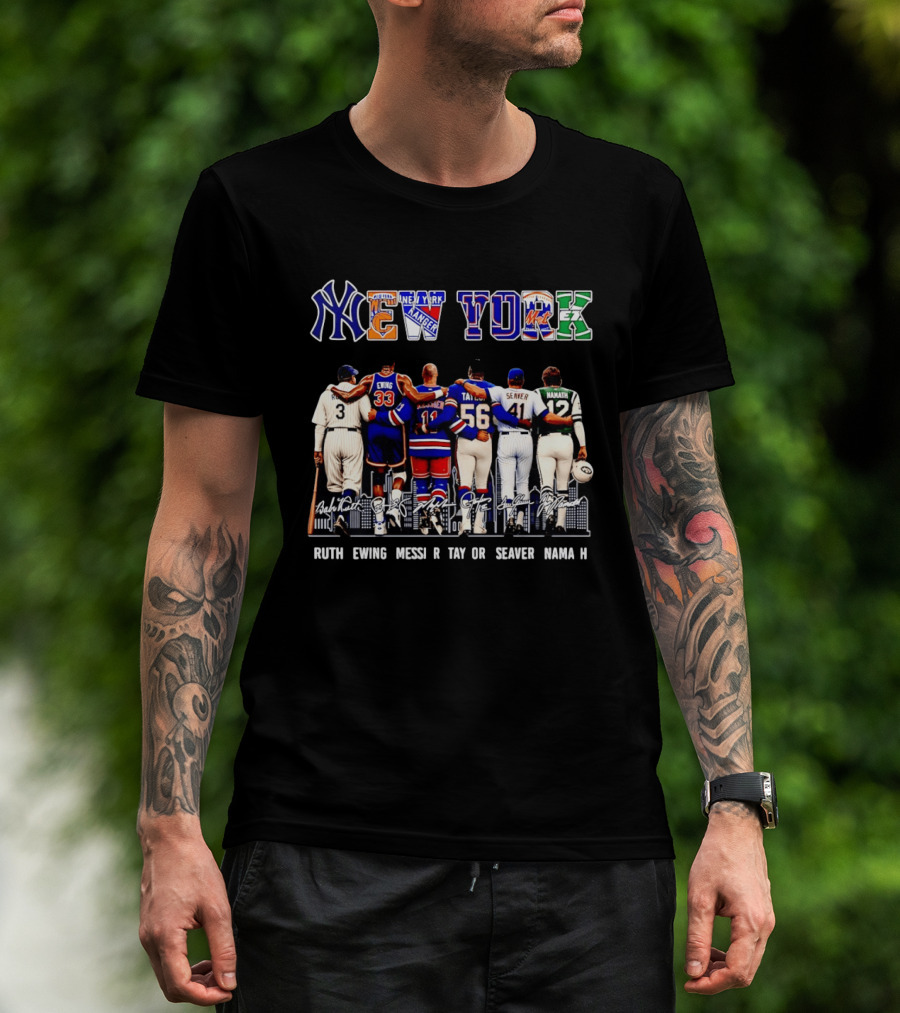 NY Sports Legends New York Yankees Knicks Rangers Mets Giants Jets Ruth Ewing Messier Taylor Seaver Namath T-Shirt