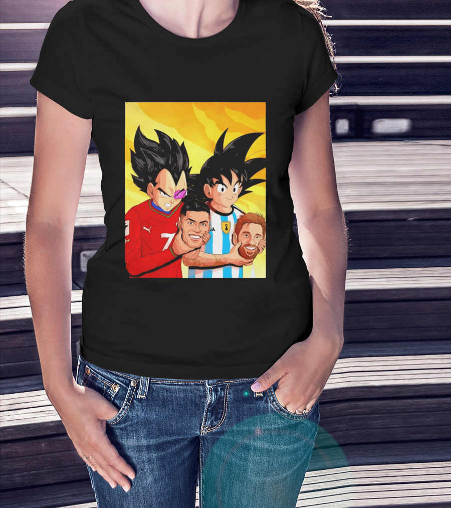 Vegeta And Goku With Ronaldo 7 And Messi Argentina Heads T-Shirt