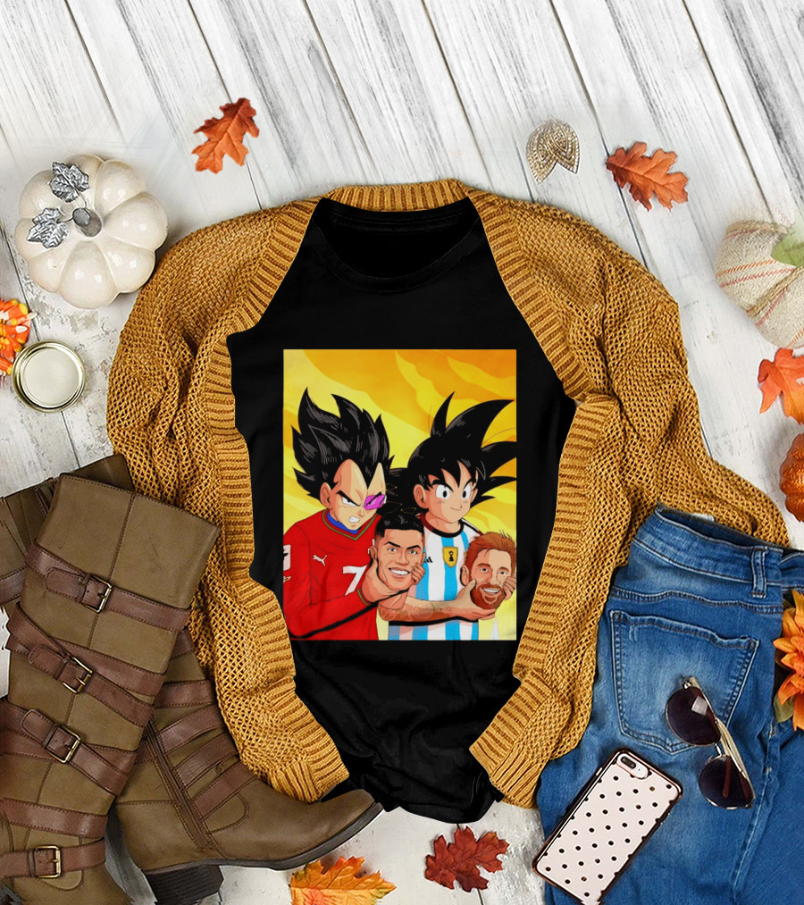 Vegeta and Goku with Ronaldo 7 and Messi Argentina Heads T-Shirt