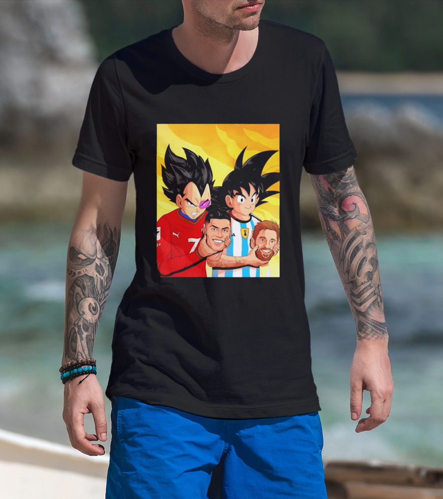 Vegeta And Goku With Ronaldo 7 And Messi Argentina Heads T-Shirt