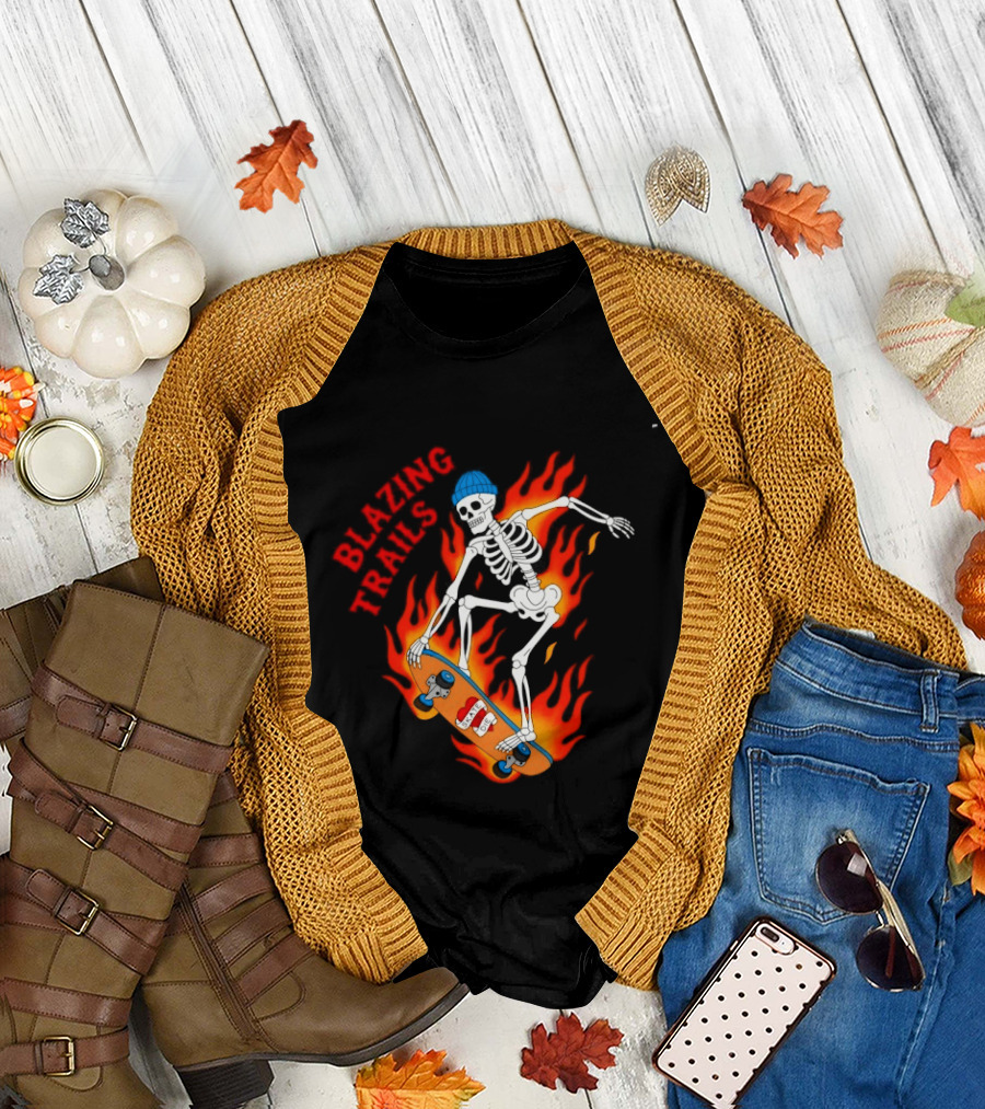 Blazing Trails Skate Or Die Skeleton Flaming Skateboard T-Shirt