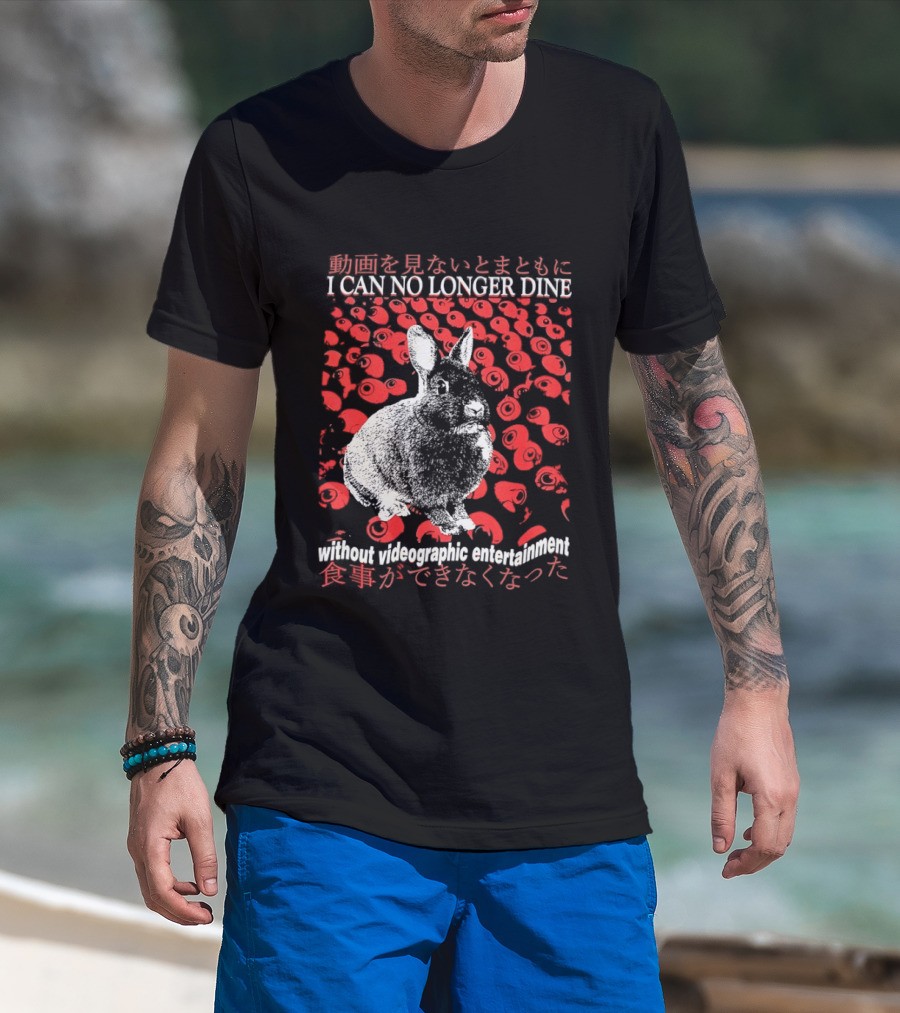 I Can No Longer Dine Without Videographic Entertainment Rabbit Surrounded By Red Roses T-Shirt